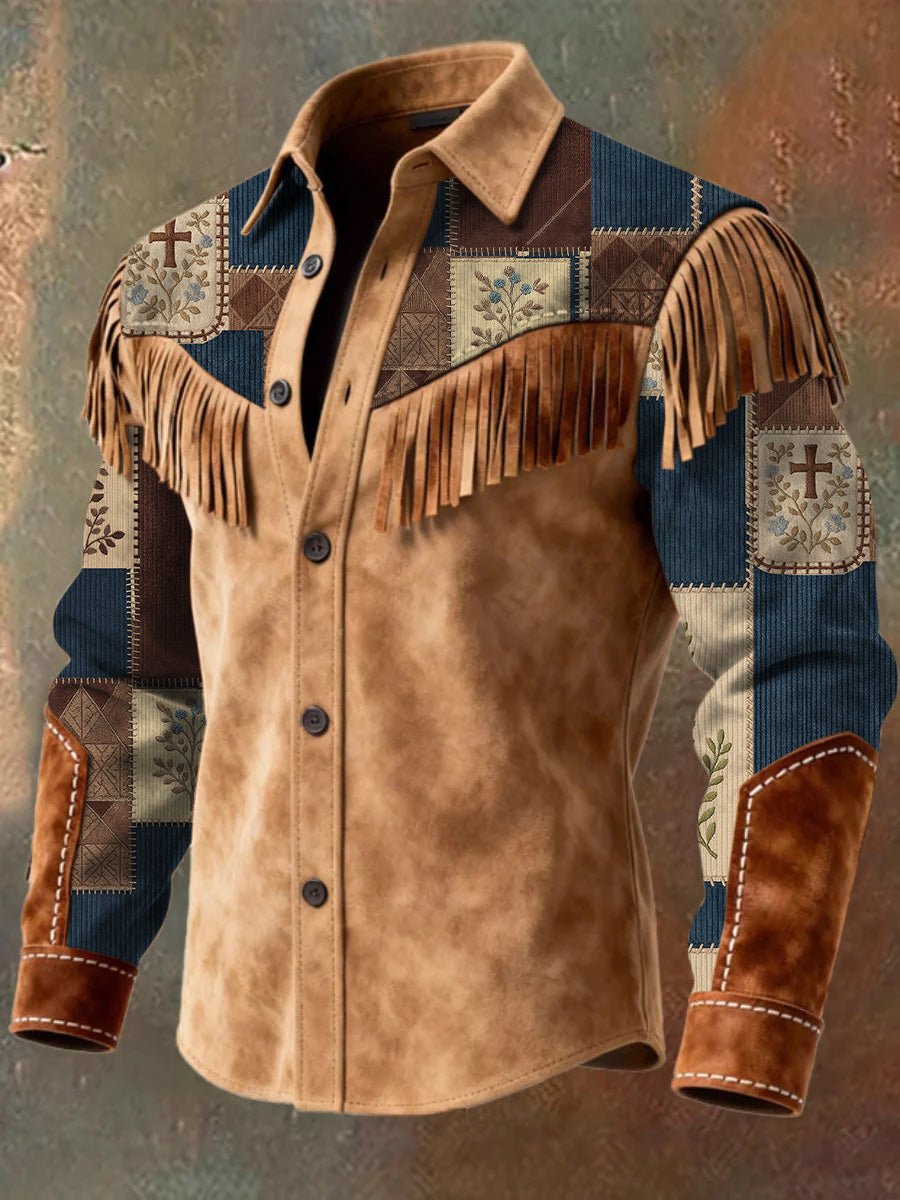 Men's Retro Western Style Art Print Vintage Tassel Casual Long Sleeve Shirt